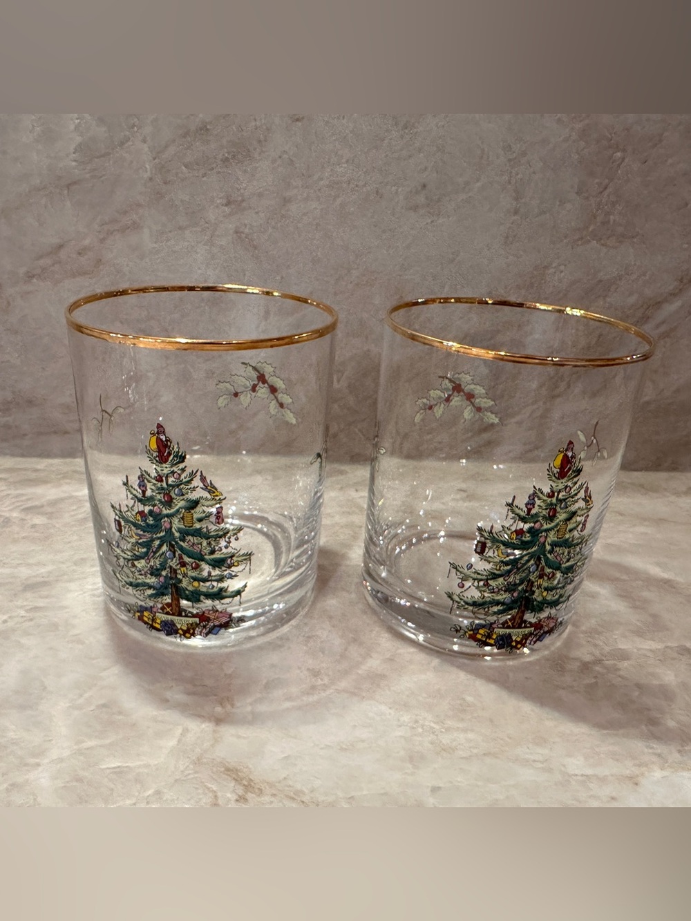 Spode Christmas Tree Drinking Cups Set of 2 Gold Rim Holiday